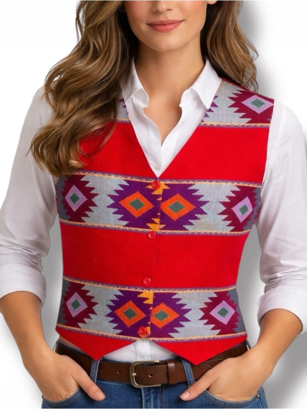 Vintage Orvis Southwestern Vest Red Geometric Cotton Medium Western‎ Boho
